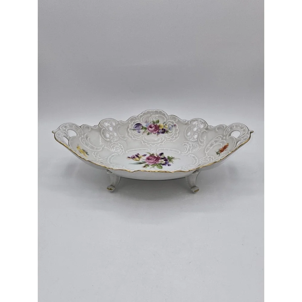 Dresden Porcelain Reticulated Floral Centerpiece Bowl Footed White Gold Western